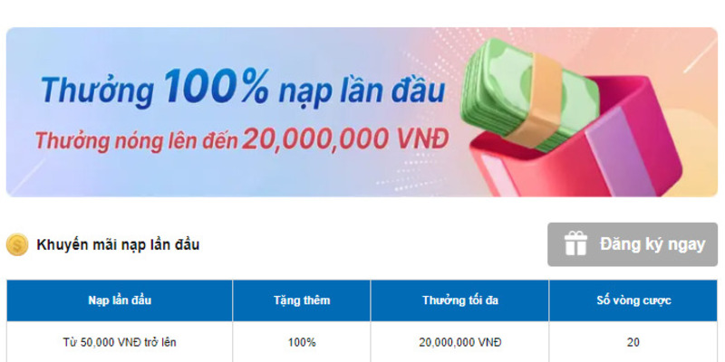 Thưởng 100% đối với lần nạp đầu của thành viên mới